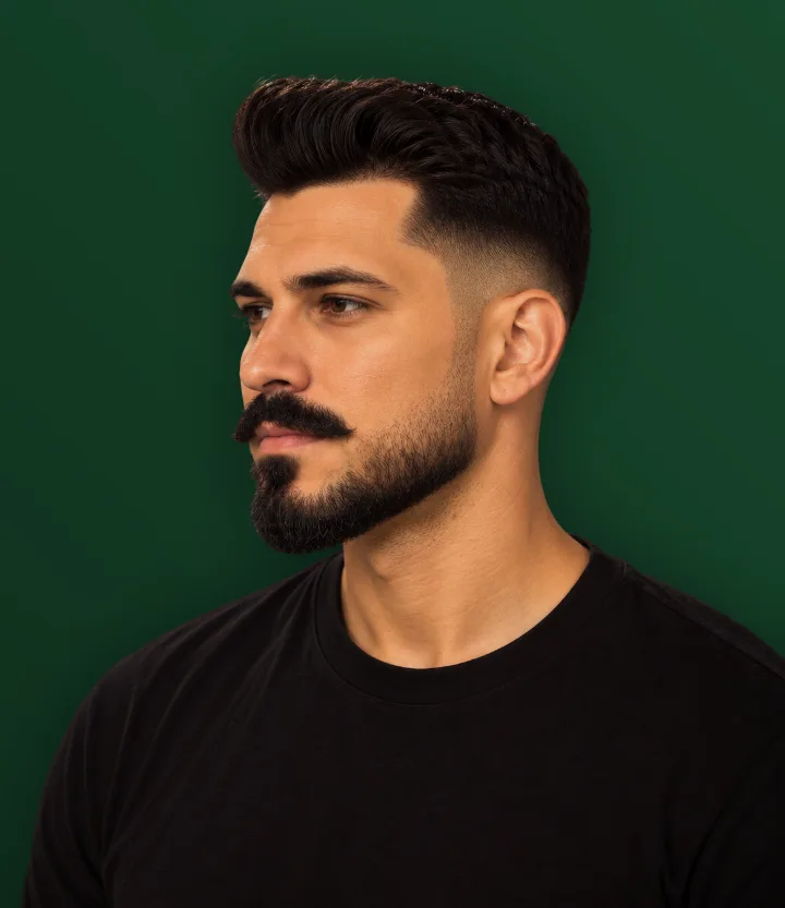 Homem de perfil com bigode e barba curta no queixo