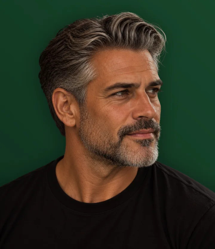 Homem grisalho com cabelo mais comprido penteado para trás