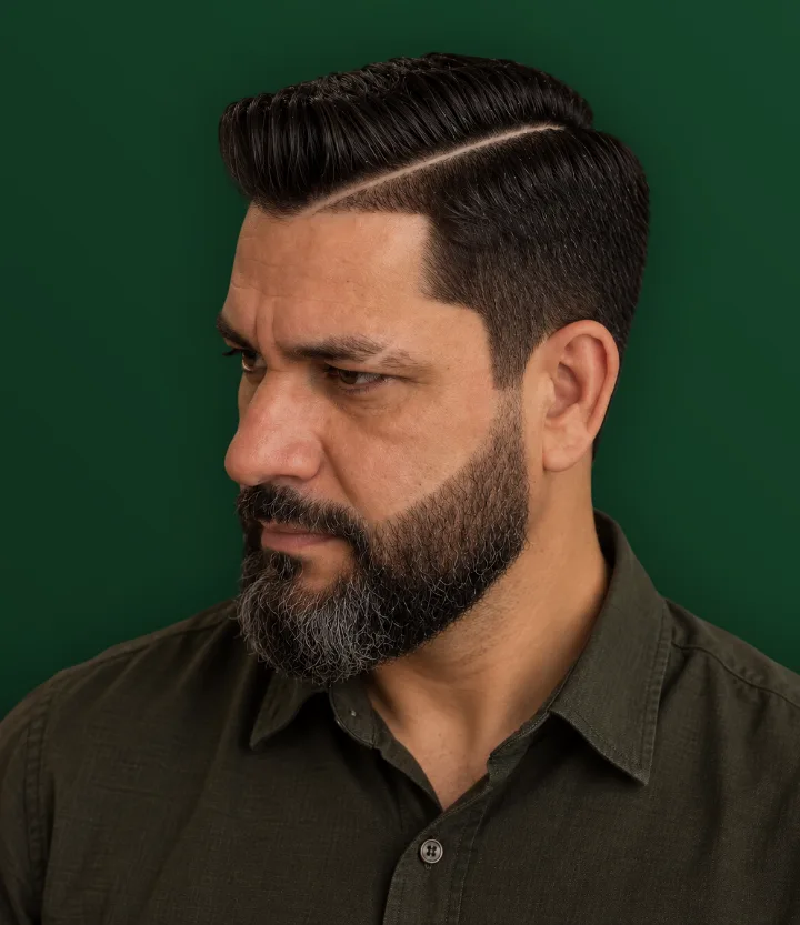 Homem de perfil com risca feita na navalha e cabelo penteado para trás