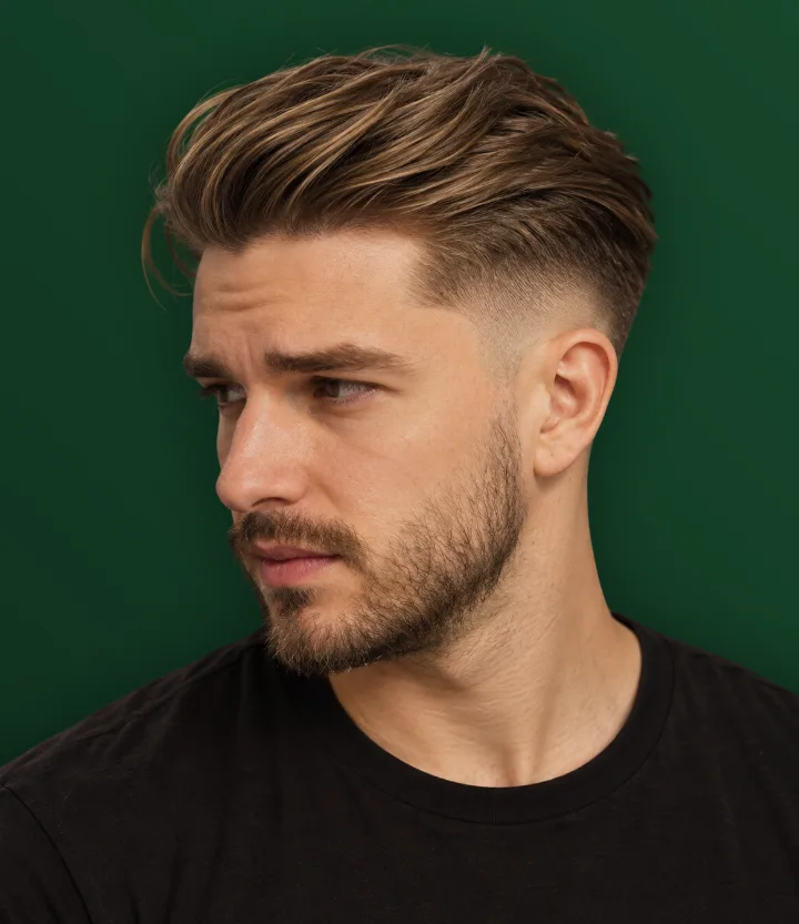 Homem com laterais bem curtas e topo longo penteado para trás